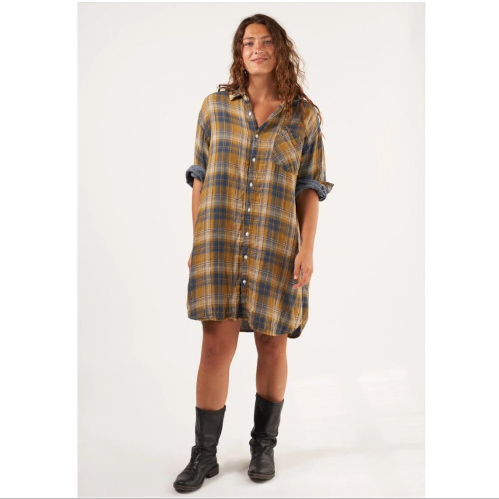 CP Shades Cora Double Cotton Gauze Plaid Shirt Dress L